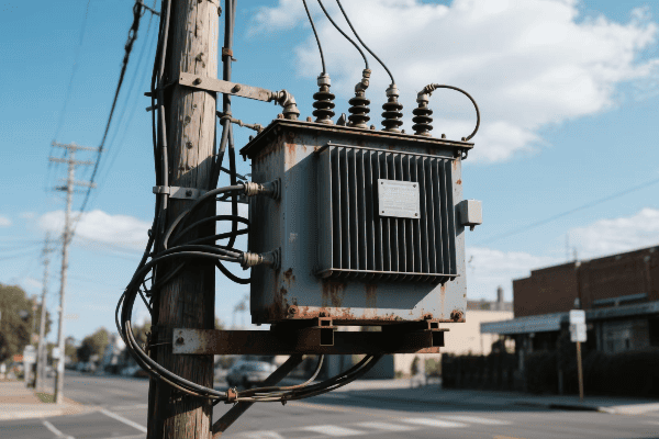 Pole mounted transformer in urban setting