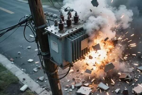 Exploded transformer on a utility pole