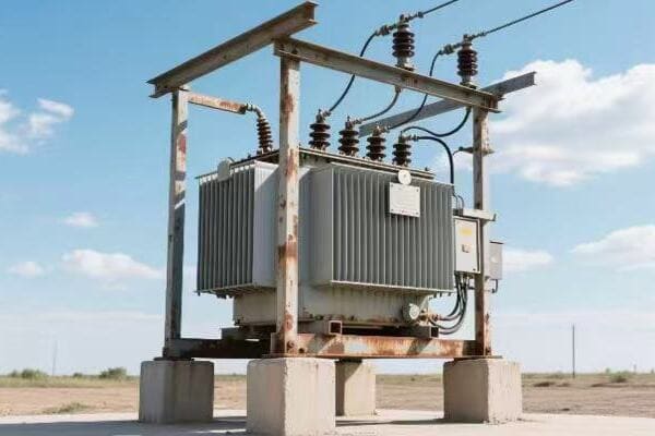 Power pole transformer with visible damage