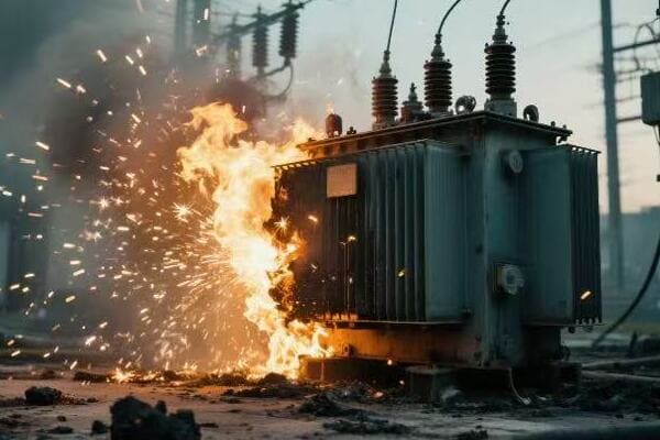 Image of lightning striking near a transformer