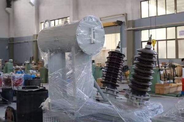 Image of a typical pole-mounted transformer on a utility pole