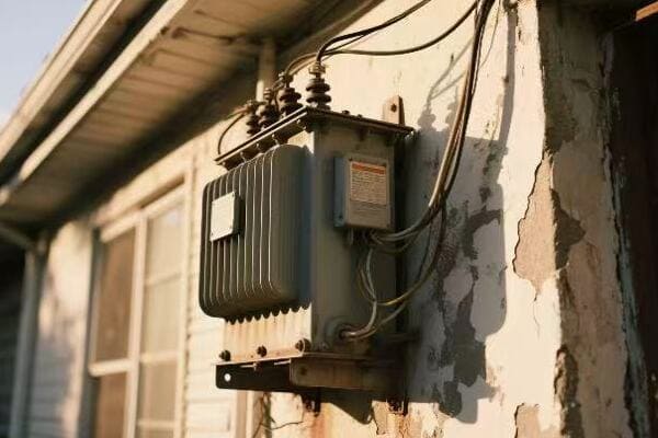 Image of a typical pole-mounted transformer on a utility pole