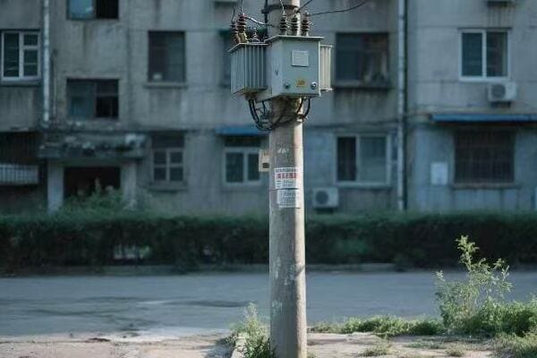 Pole-mounted transformer in a residential area