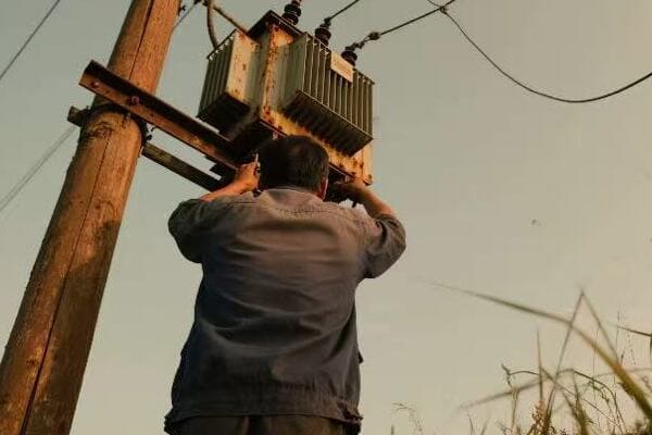 Technician installing a pole transformer