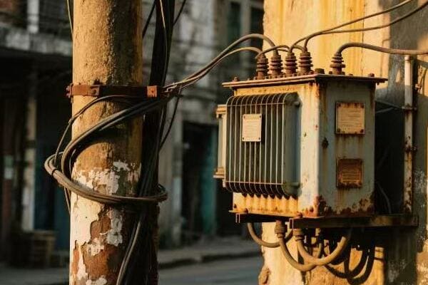 Technician performing maintenance on a pole transformer