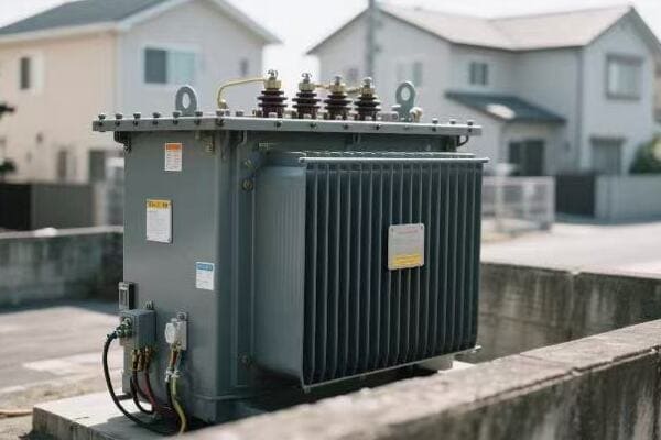 Diagram showing the basic components and installation setup of a residential transformer