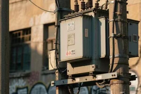Telephone pole transformer on a wooden pole
