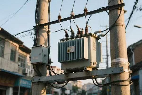 Technician inspecting a power pole transformer