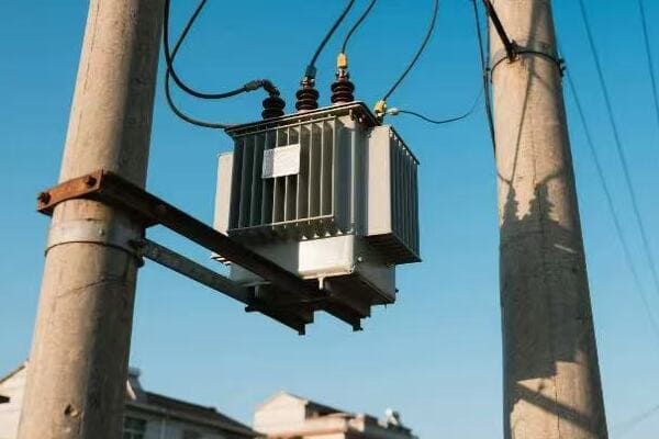 Technician performing maintenance on a power pole transformer
