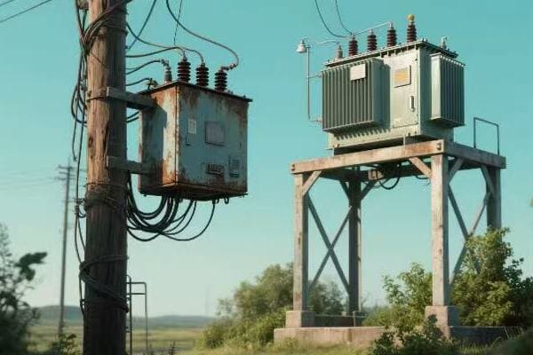 Side-by-side diagram of pole and pad-mounted transformer designs