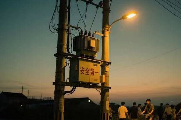 Urban pole-mounted transformer in a city street