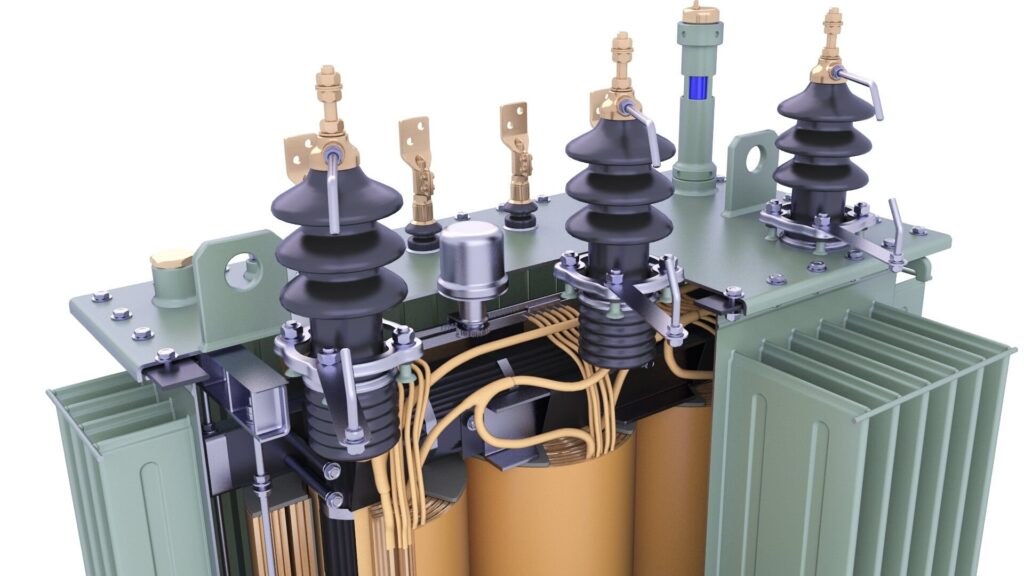 transformer laminated core, copper winding close-up
