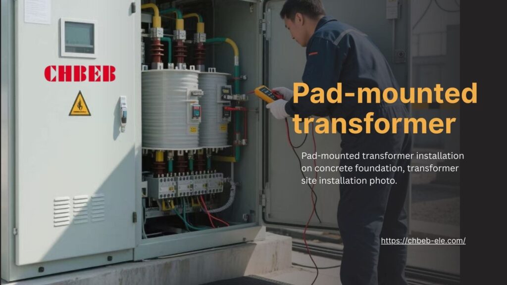 Pad-mounted transformer installation on concrete foundation, transformer site installation photo.