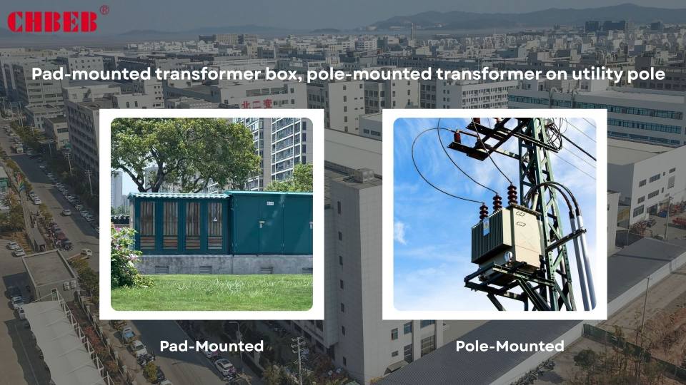 Pad-mounted transformer box, pole-mounted transformer on utility pole
