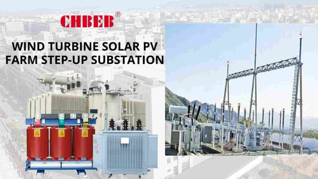 Wind turbine solar PV farm step-up substation.