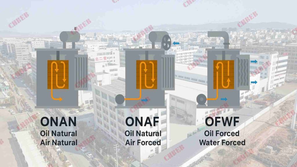 transformer cooling method infographic ONAN ONAF OFAF OFWF
