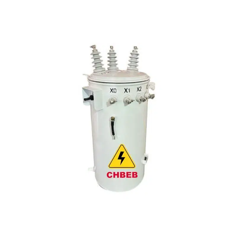 Three phase pole mounted transformer for overhead distribution lines, industrial branches, and utility grid applications.